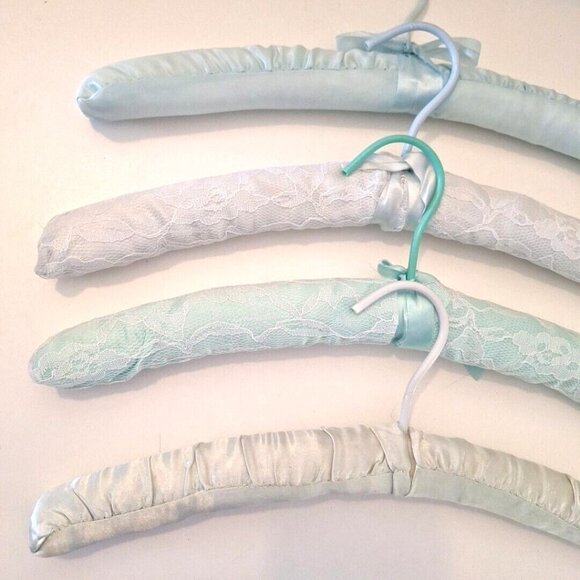 Blue & Green Padded Satin Lace Boudoir Lingerie Clothes Hangers 4 Lot - Picture 2 of 8